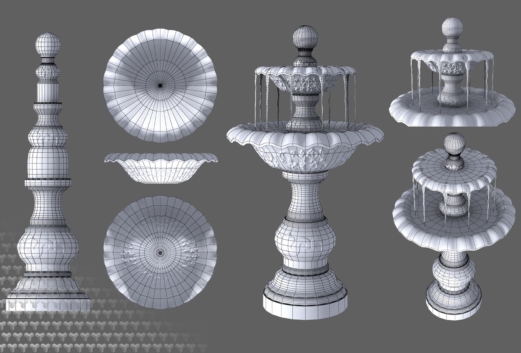 Fountain modelling study — wireframe and component views